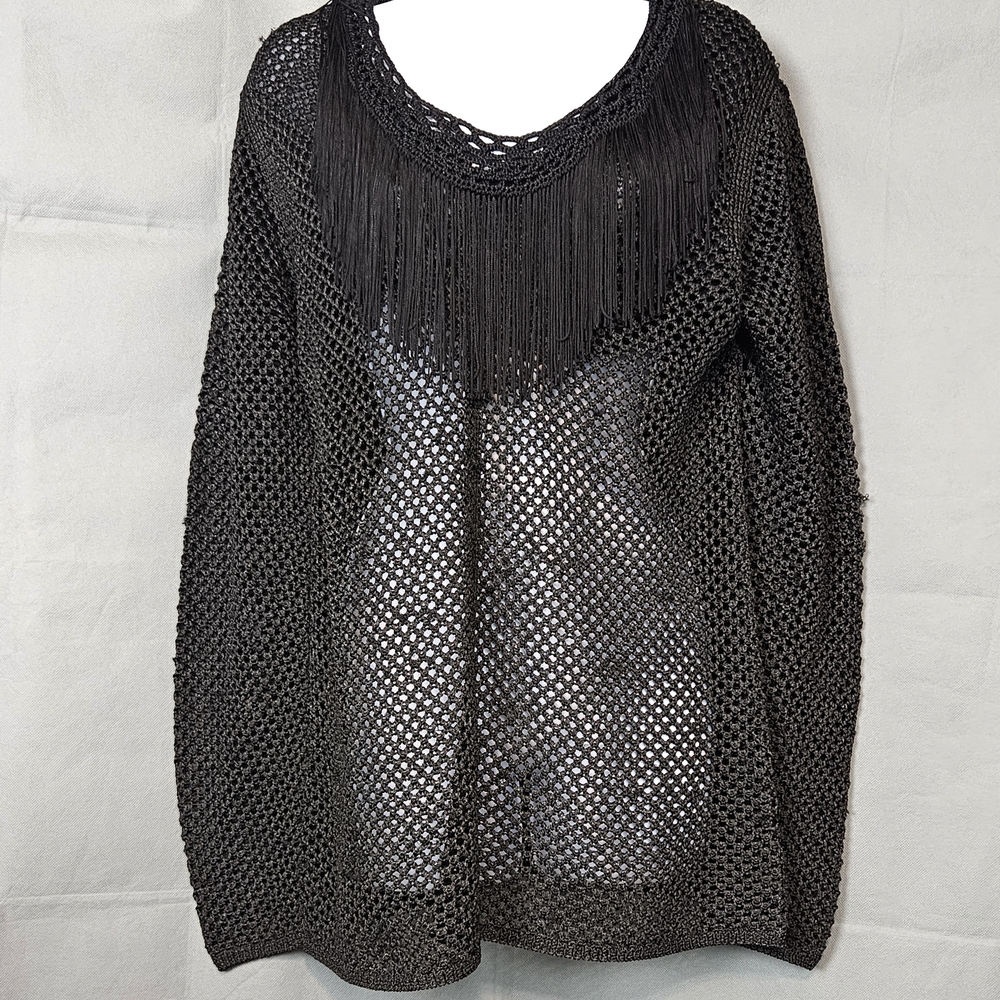 Upcycled vintage Sheer Knit Sweater Crochet Fringe Neckline